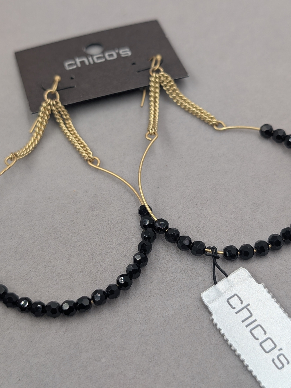 Chico’s NWT Zofia Black Beaded Oversized Hoop Earrings Gold Tone | M306